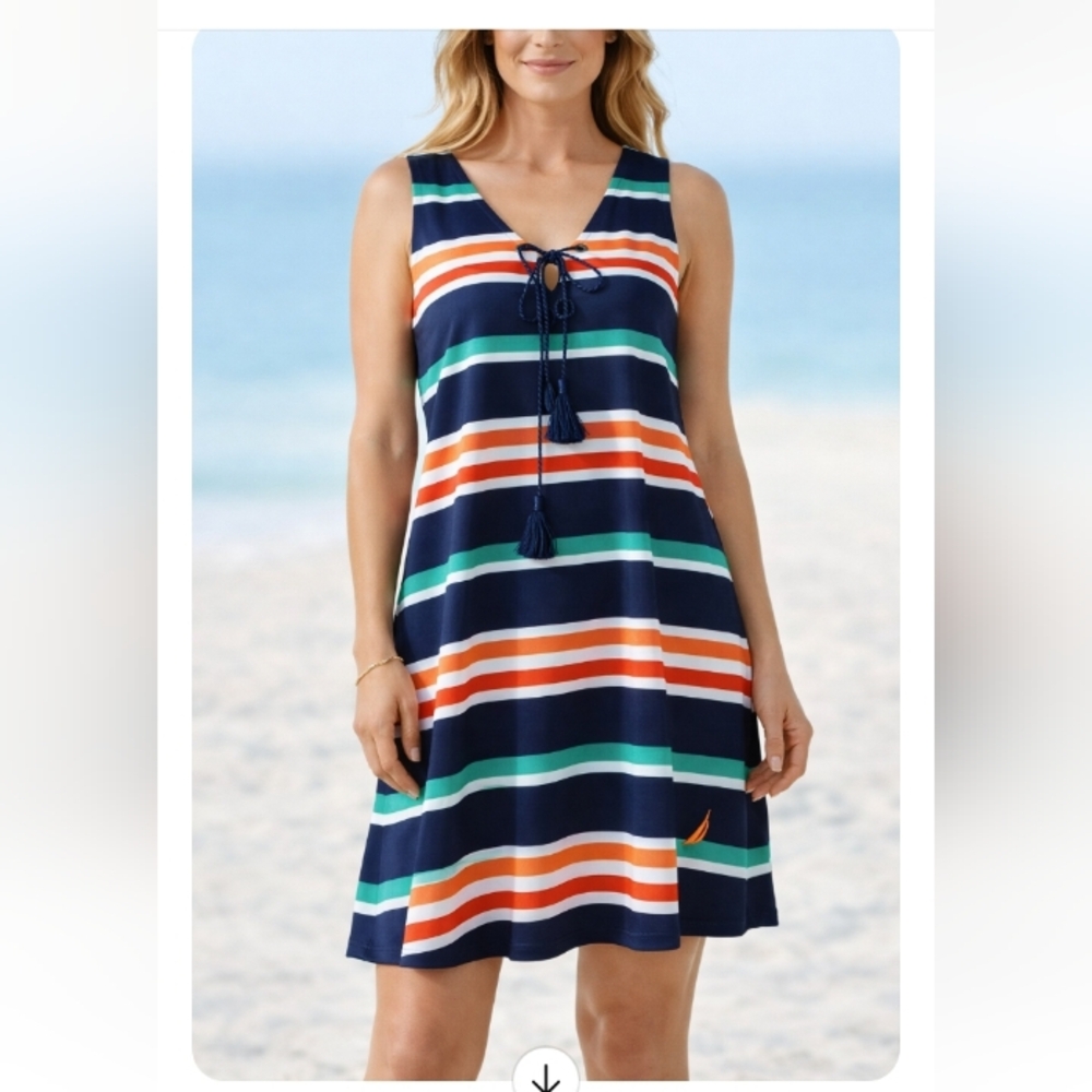 Nautica Striped Sleeveless Tassel Tie Dress Navy Multi Color Size Medium